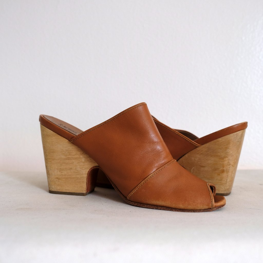 Rachel Comey Cognac Leather Open-Toe Wood Heel Mules